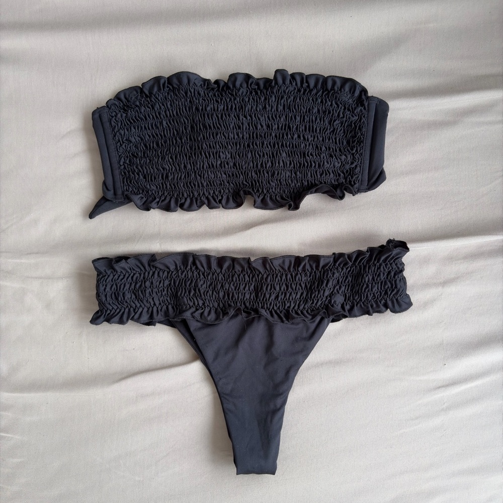 Smocked Bandeau Bikini Set in Charcoal